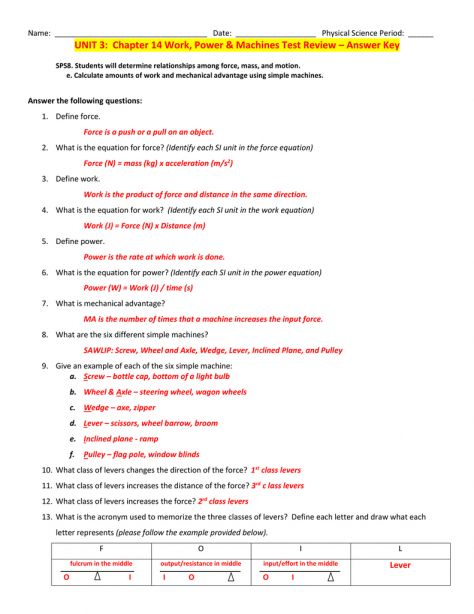 10 Overview Work And Machines Worksheet Answers 14 