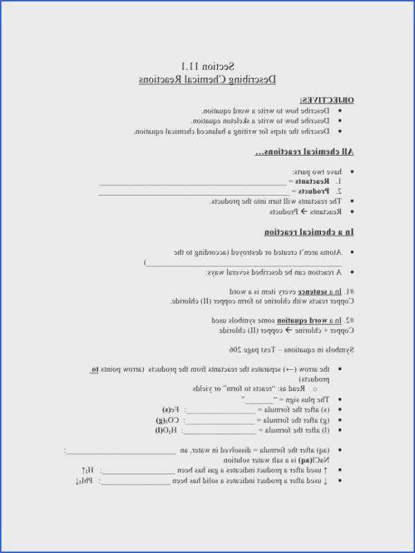 11 1 Describing Chemical Reactions Worksheet Answers