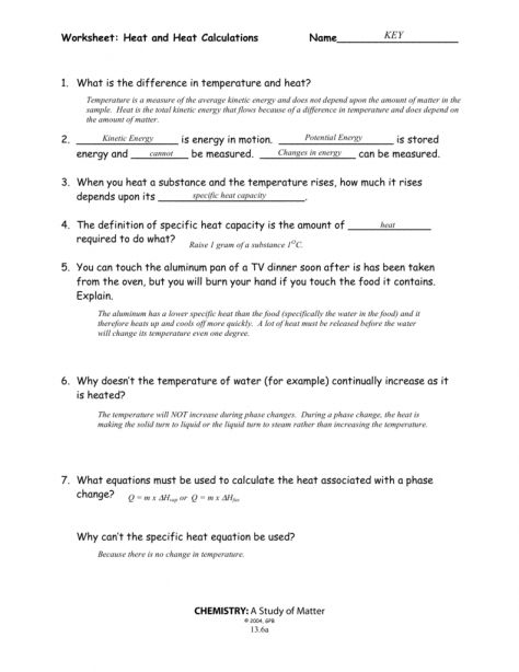 12 Heat Calculations Worksheet Answers Physical Science Physical