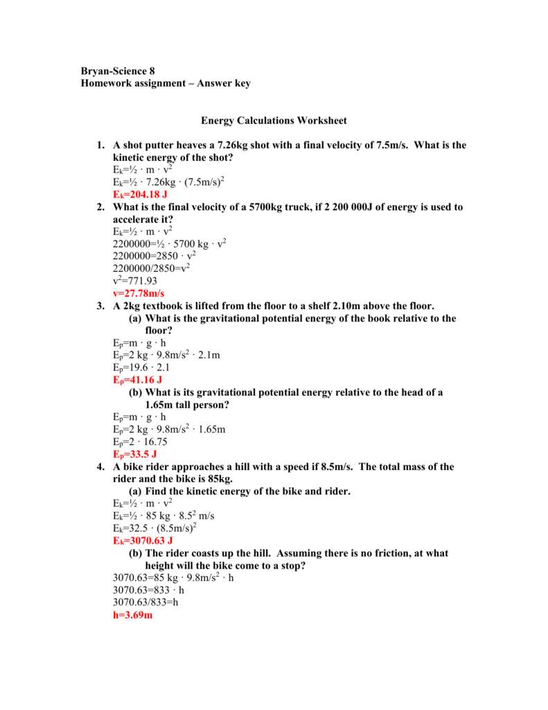 31 Kinetic And Potential Energy Calculations Worksheet Answers 