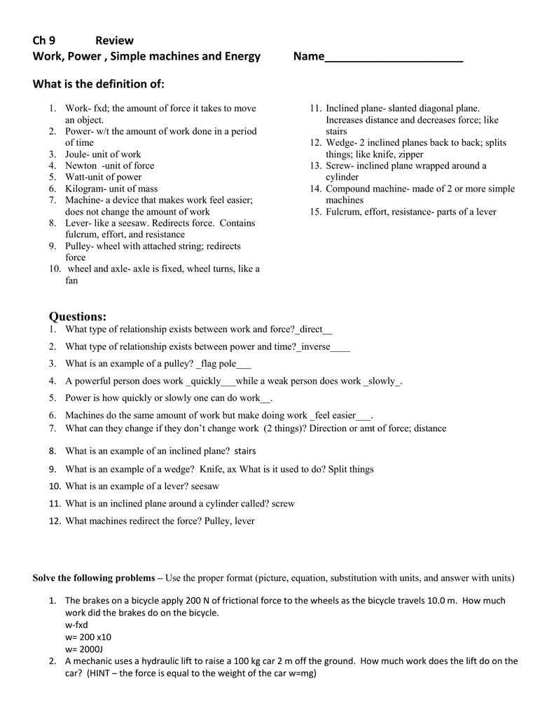 40 Best Collections Work Power And Simple Machines Worksheet Answers 