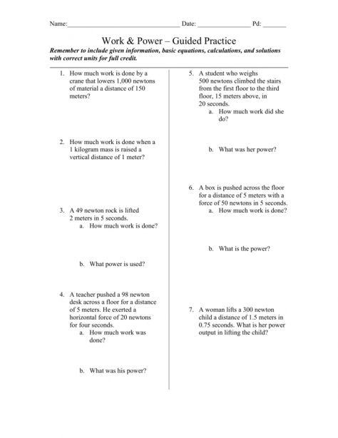 7 Work And Power Worksheet Answer Key Calculating Work Guided 