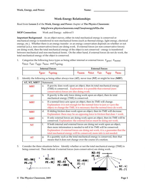 9 Physics Worksheet Work And Energy Answers Work Physics Classroom 