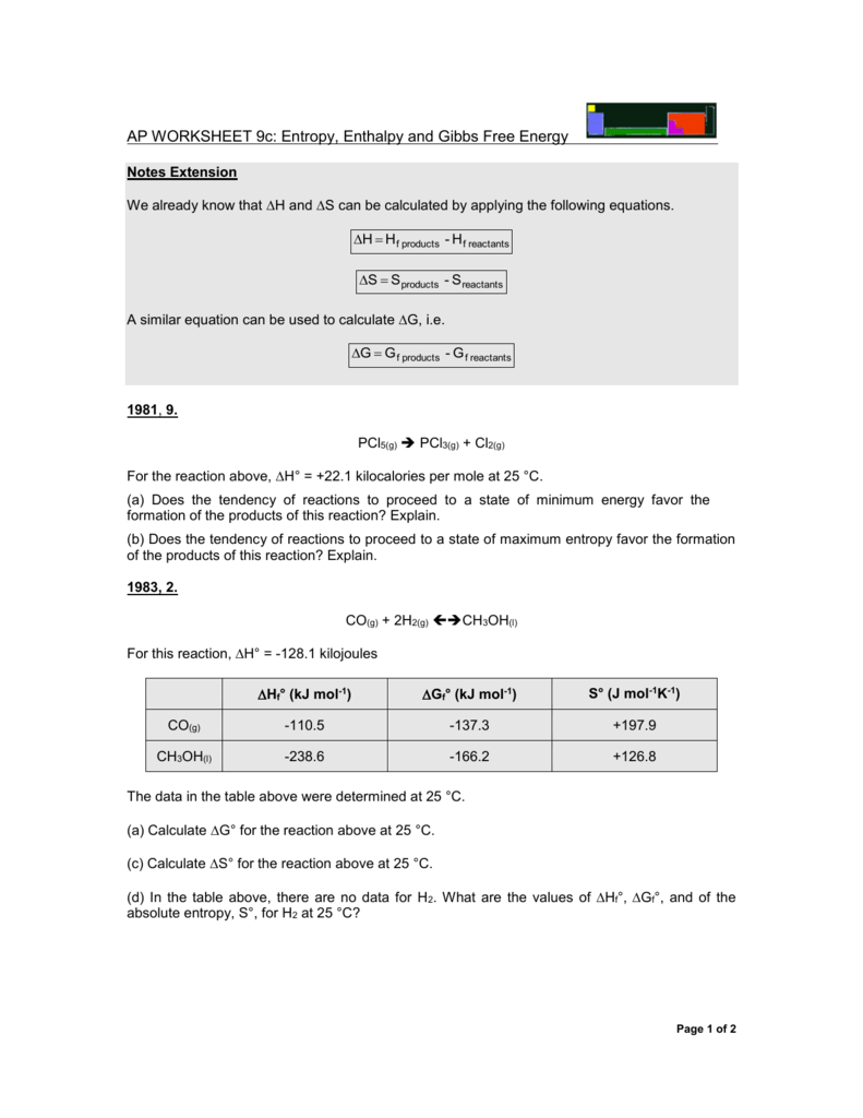 AP WORKSHEET 9c Entropy Enthalpy And Gibbs Free Energy