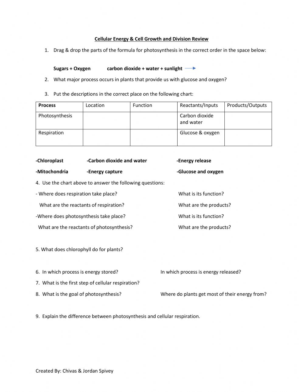 Cellular Energy Cell Growth And Division Review Worksheet