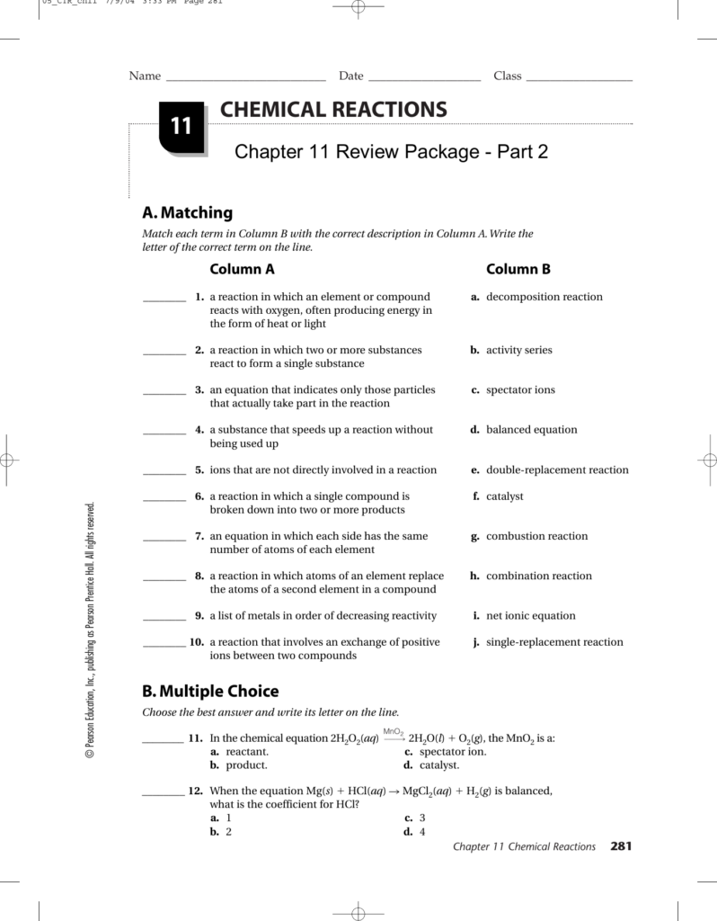 Chapter 11 Chemical Reactions Worksheet Answers Prentice Hall Betsienews