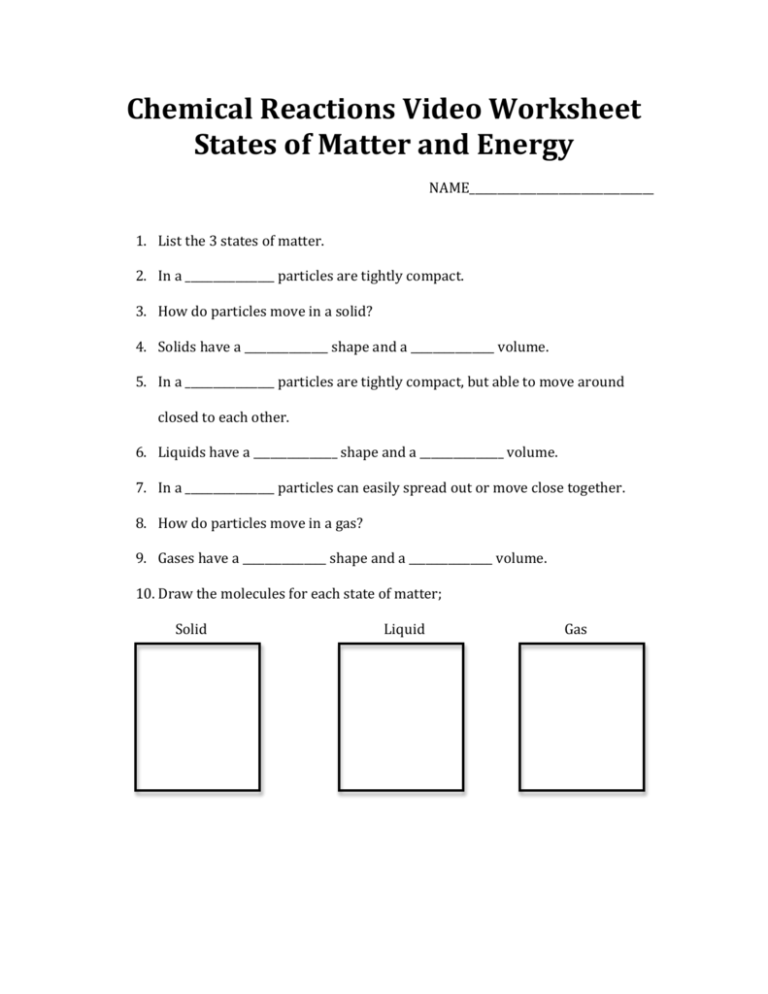 Chemical Reactions Video Worksheet States Of Matter And Energy