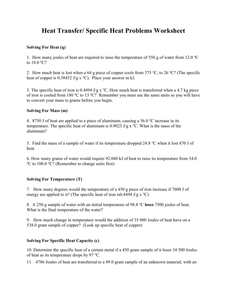 Chemistry Worksheet Heat And Calorimetry Problems