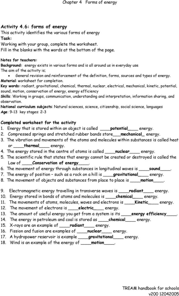Conservation Of Energy Worksheet Answers Chapter 4 Forms Of Energy Pdf 