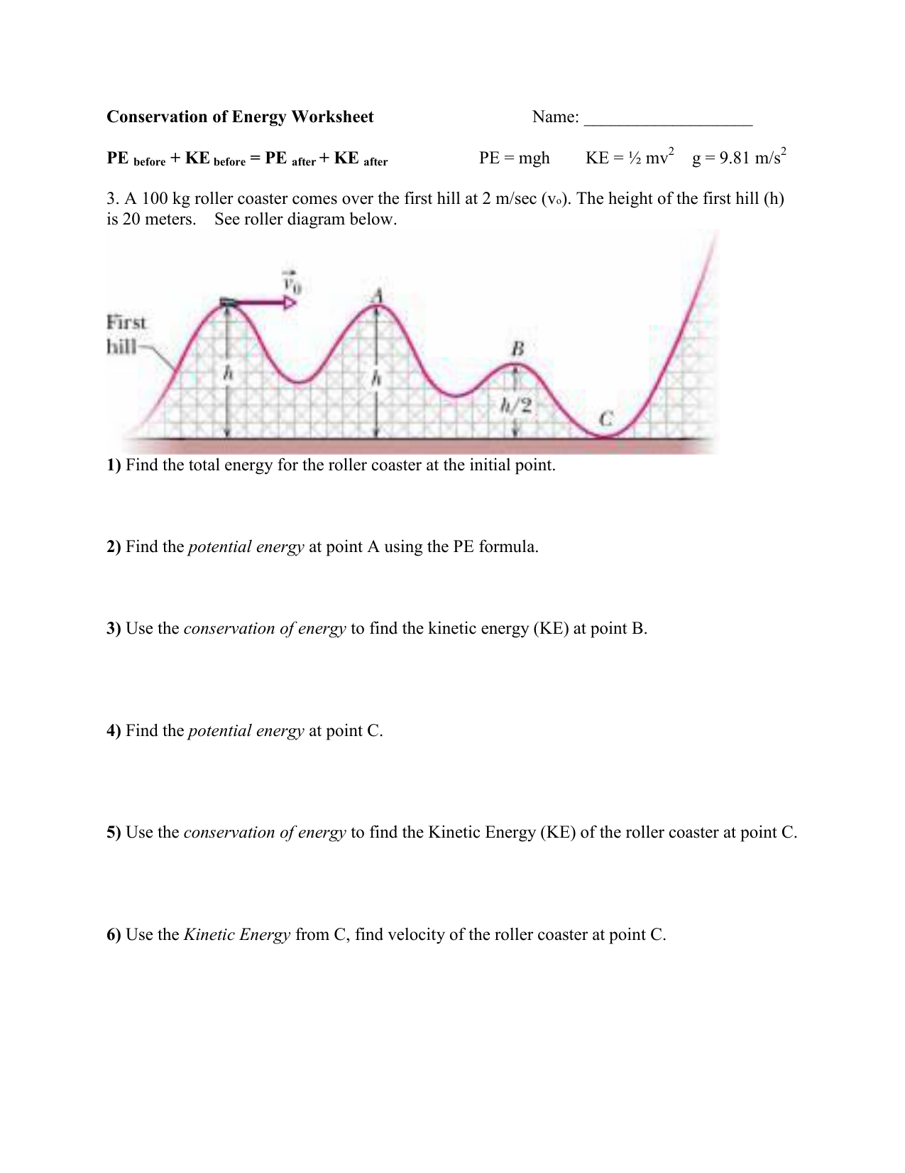 Conservation Of Energy Worksheet Name Pe Mgh Ke Mv G Db excel