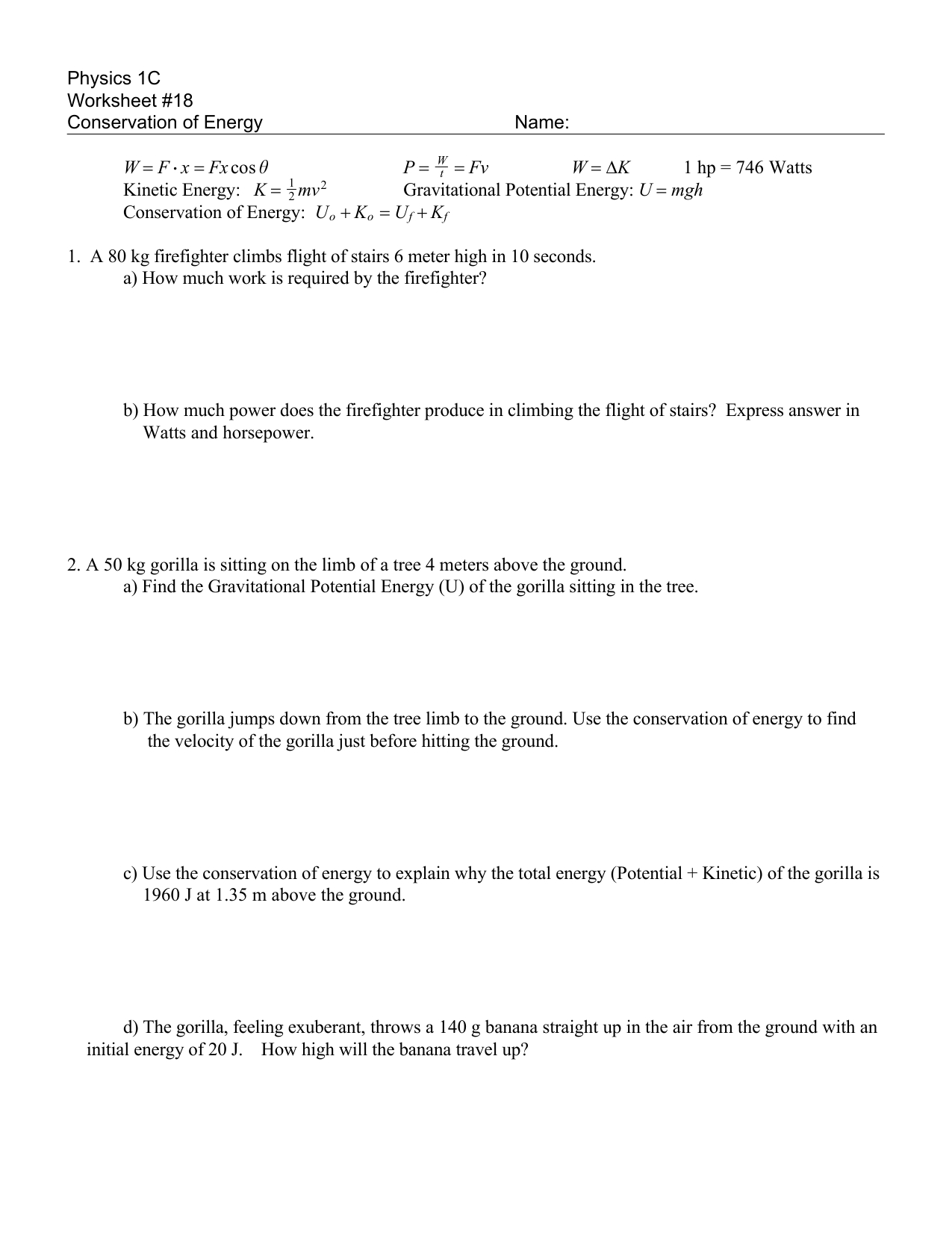 Conservation Of Energy Worksheet With Answers Db excel