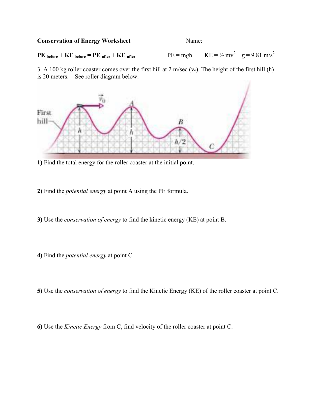 Conservation Of Energy WorksheetName