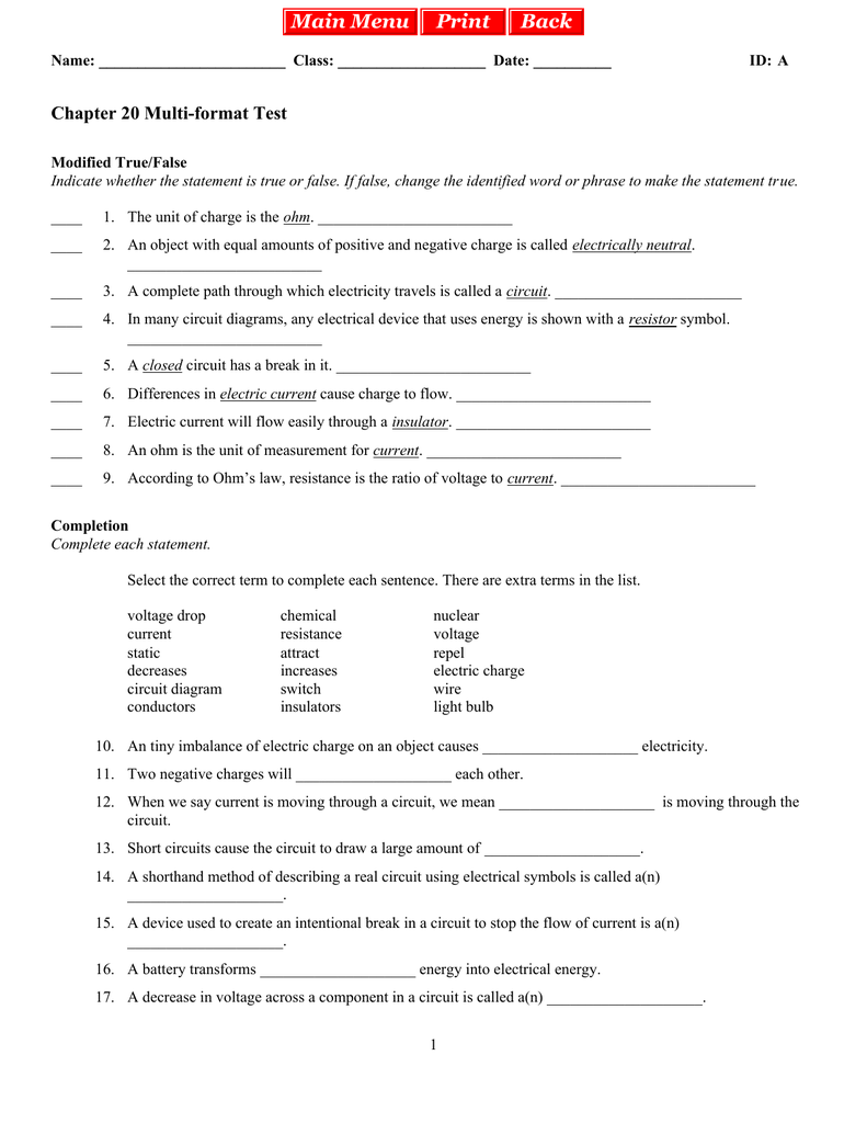 Electricity Multiple Format Worksheet 1