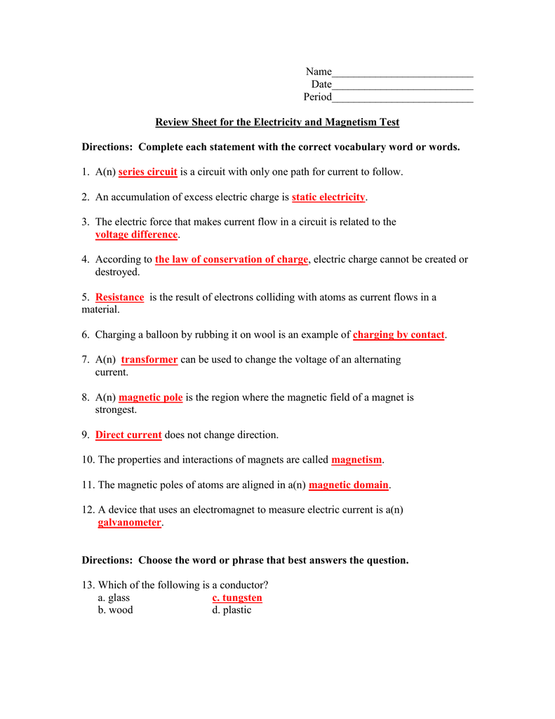 Electricity Review Worksheet Answers Nidecmege