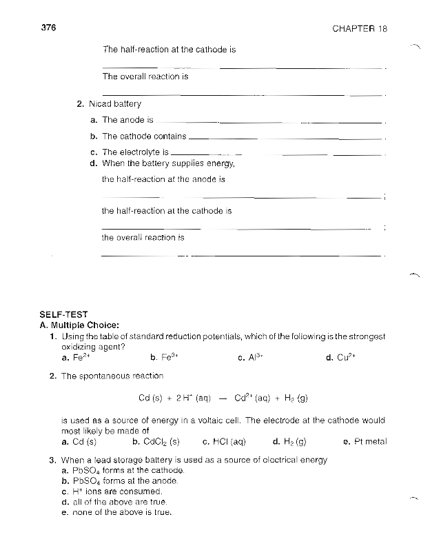 Electrochemistry Worksheet 18 Electrochemistry I The Voltaic Cell A