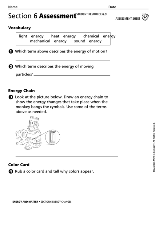 Energy And Matter Section 6 Assessment Energy Changes Physics Worksheet 