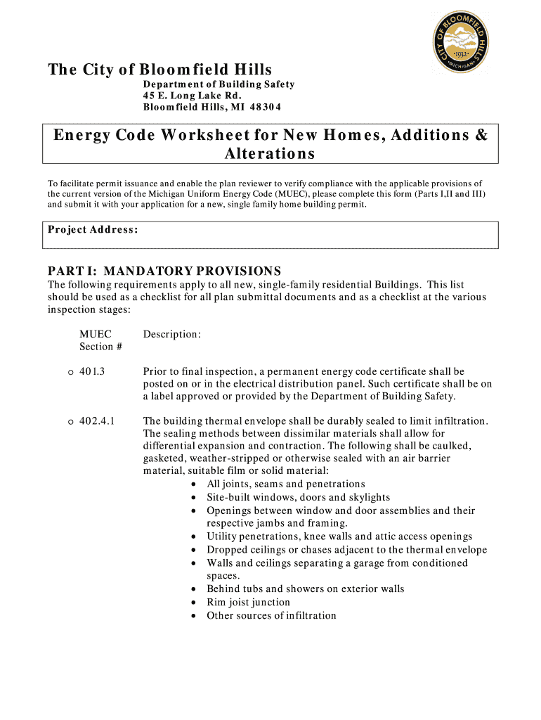 Energy Code Worksheet Bloomfield Hills Michigan Bloomfieldhillsmi 