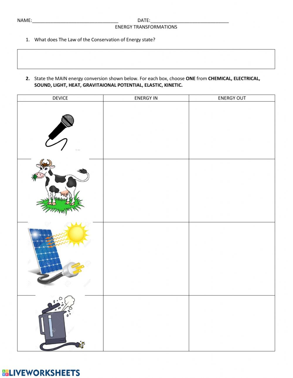 Energy Transformations Worksheet