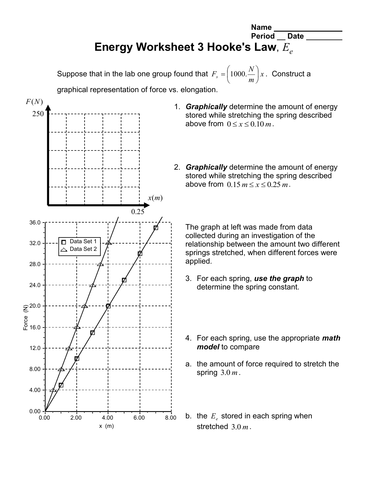 Energy Worksheet 3 Hooke s Law E