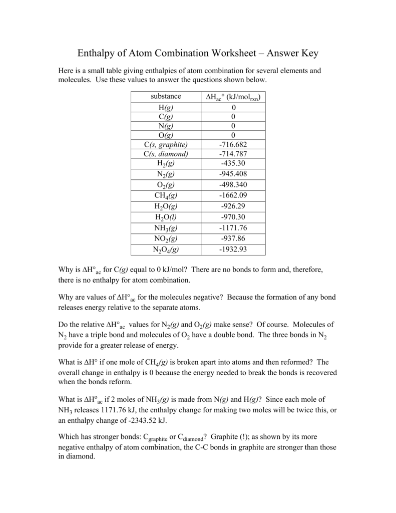 Enthalpy Of Atom Combination Worksheet Answer Key