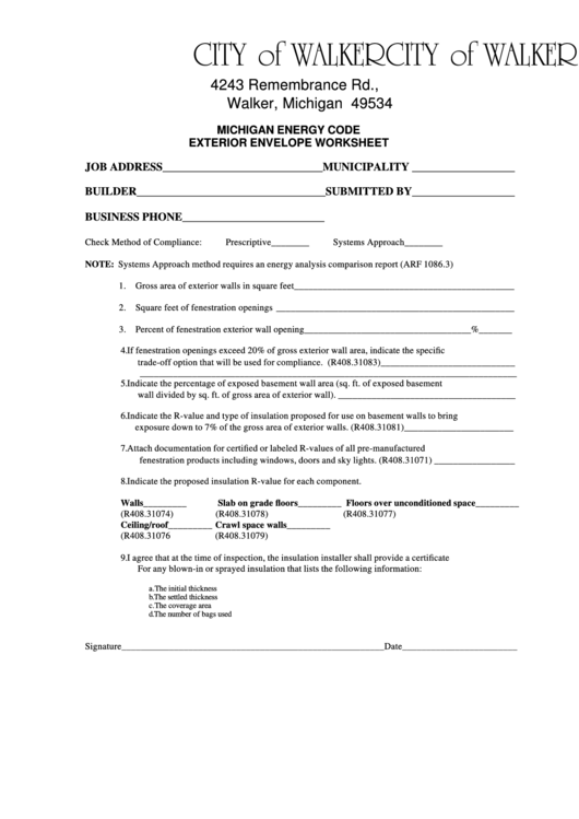 Fillable Michigan Energy Code Exterior Envelope Worksheet City Of