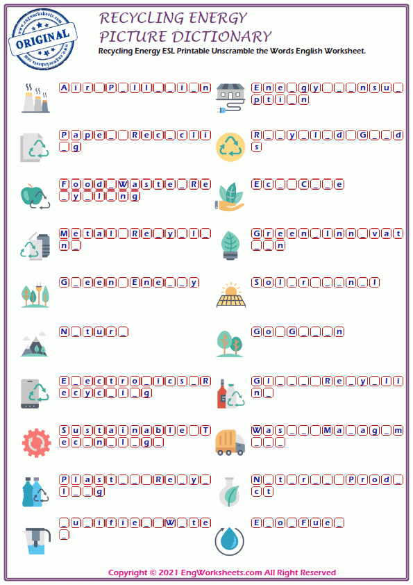 Free Printable English Recycling Energy ESL Worksheets Recycling 