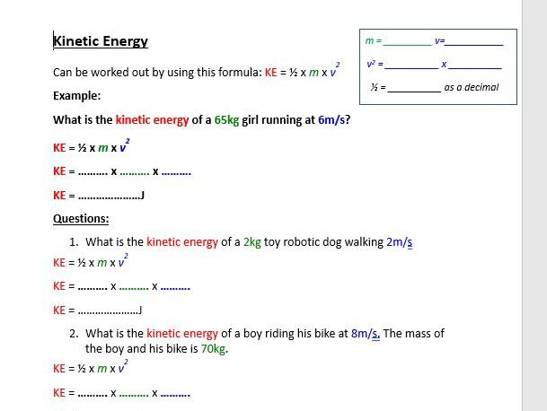 GCSE Physics SEN Kinetic Energy Worksheet Teaching Resources