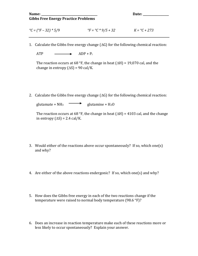 Gibbs Free Energy Worksheet Answer Key Worksheet