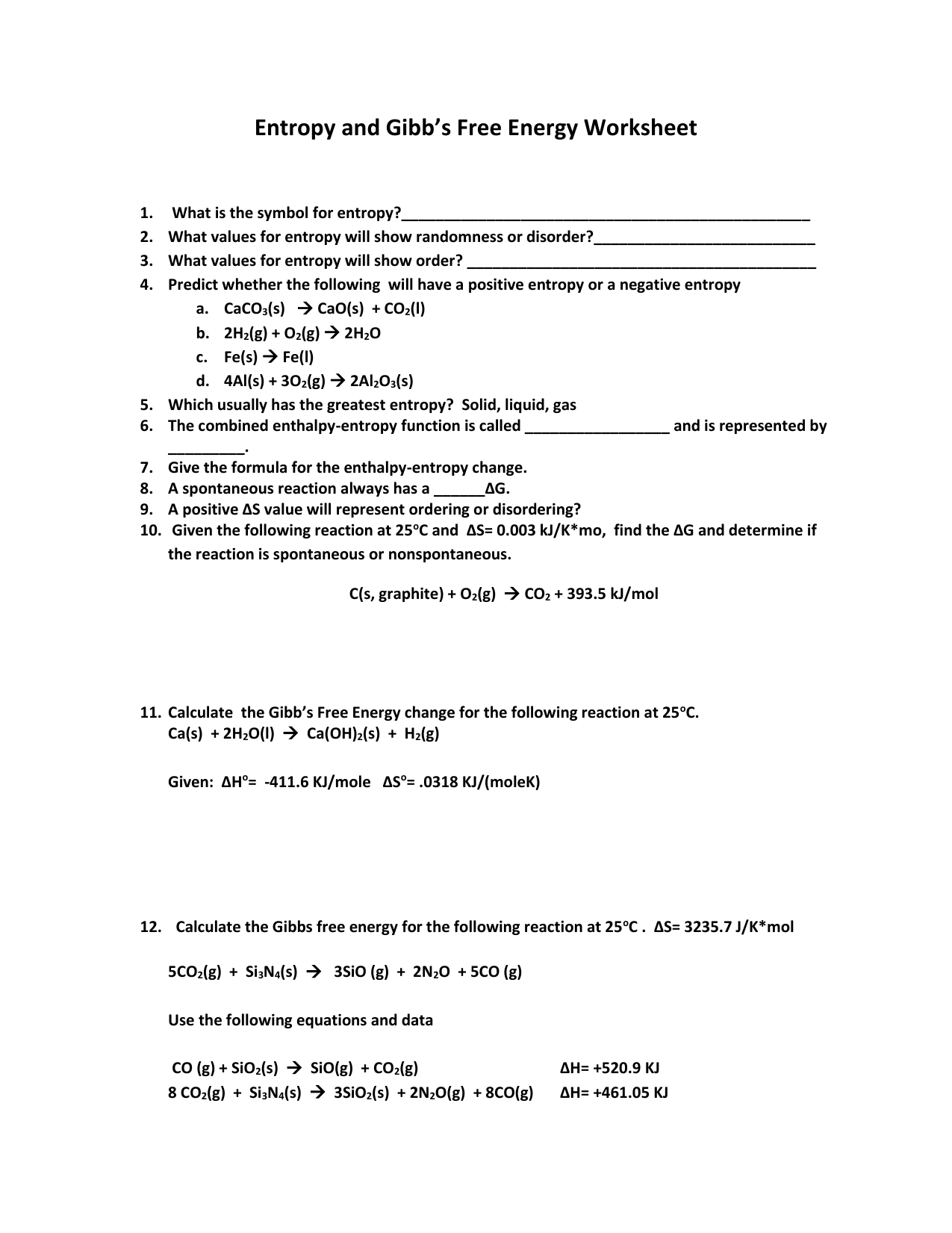 Gibbs Free Energy Worksheet