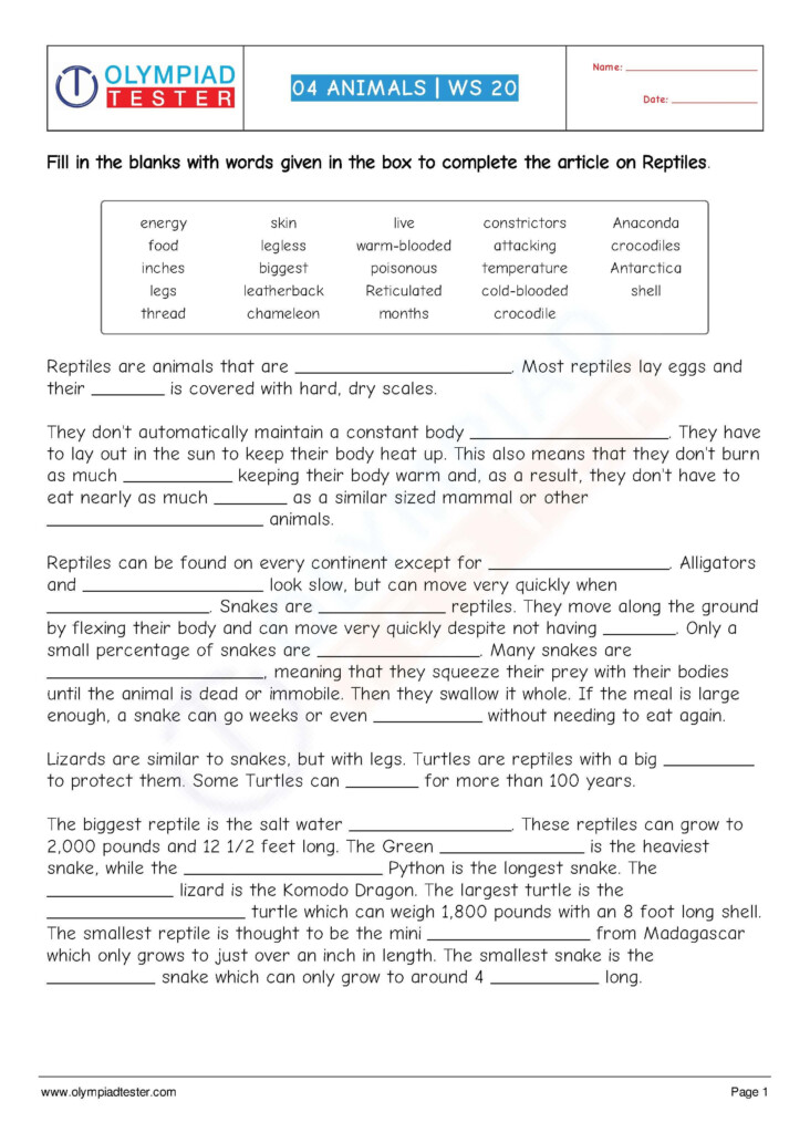 Grade 4 Science Worksheet Cloze In PDF On Animals Useful For 