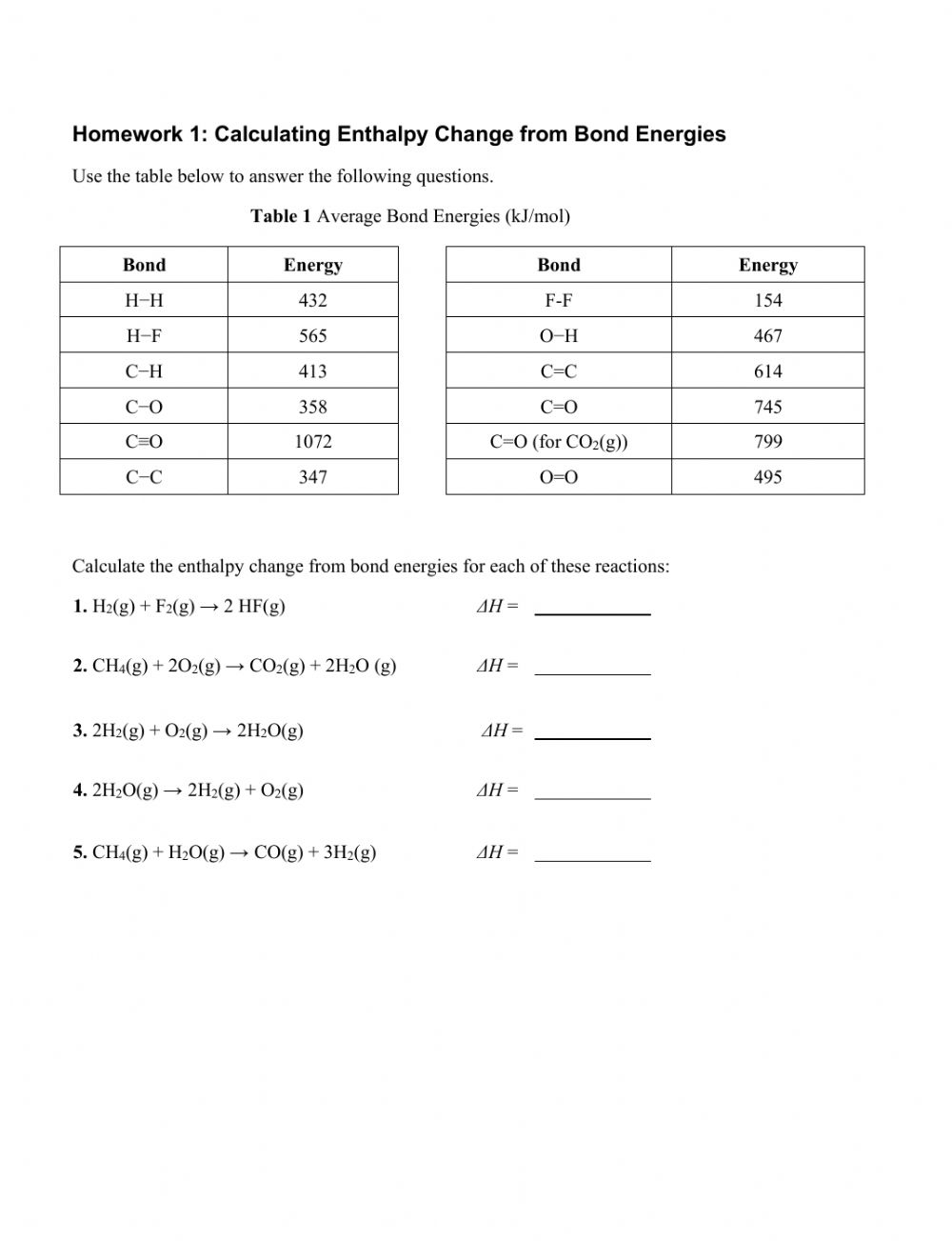 Homework 1 Bond Energies Worksheet