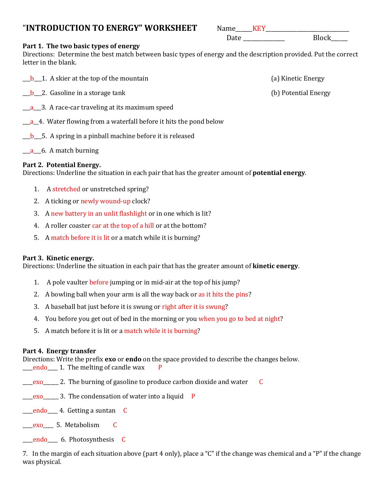 INTRODUCTION TO ENERGY KEY