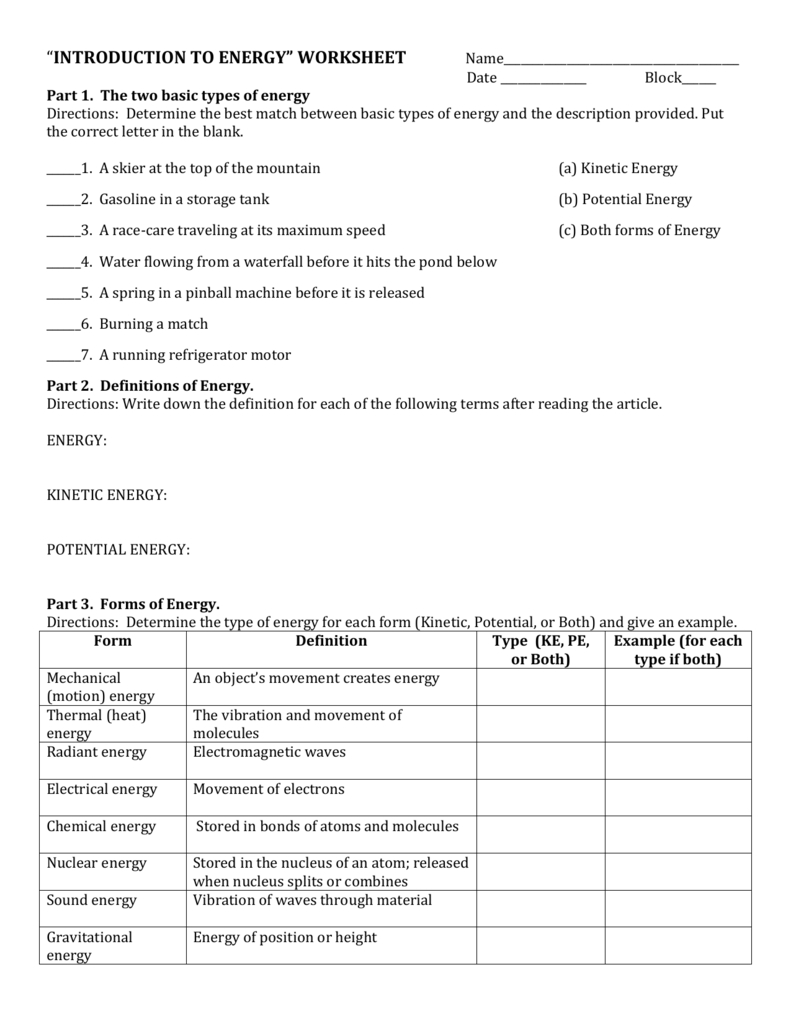 Introduction To Energy Worksheet Answer Key Db excel