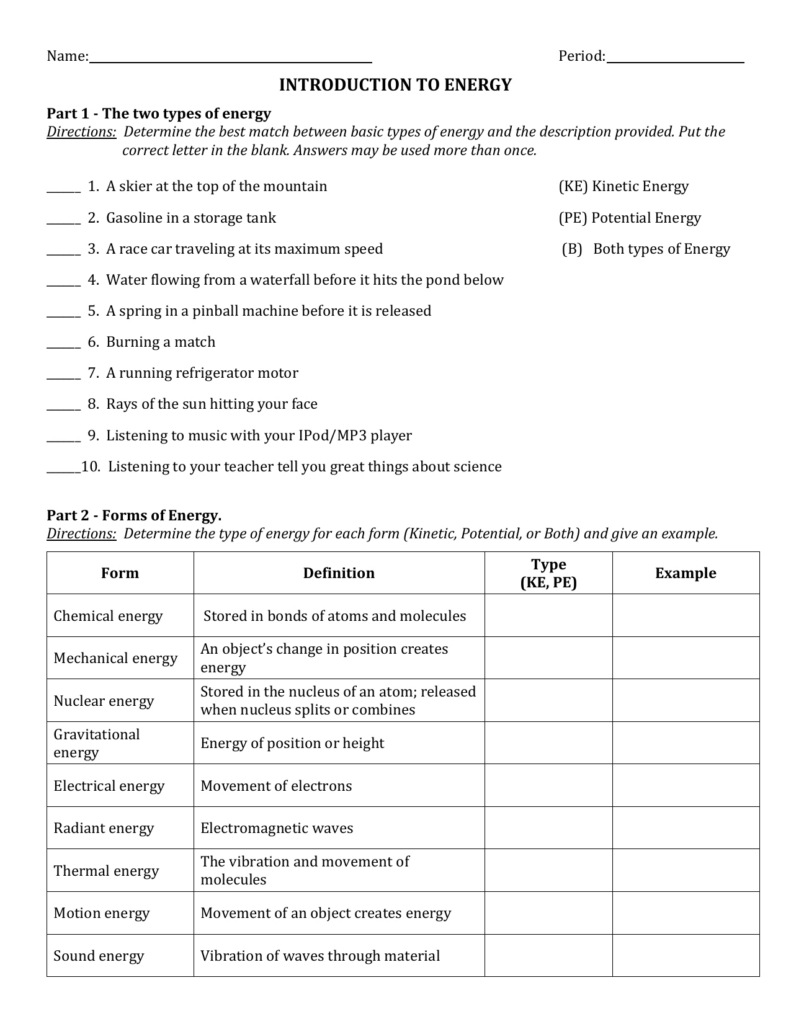 Introduction To Energy Worksheet Db excel