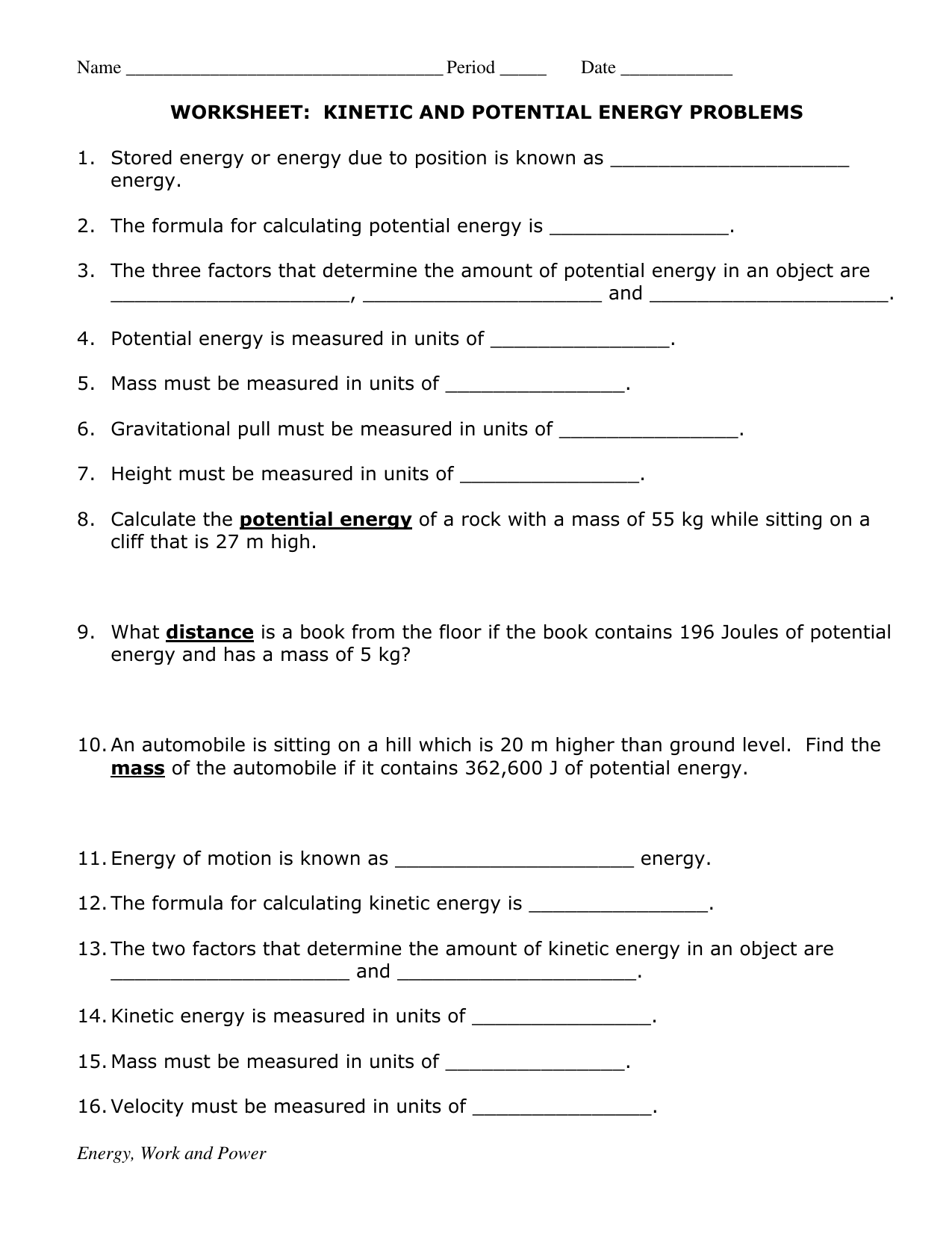 Kinetic And Potential Energy Problems