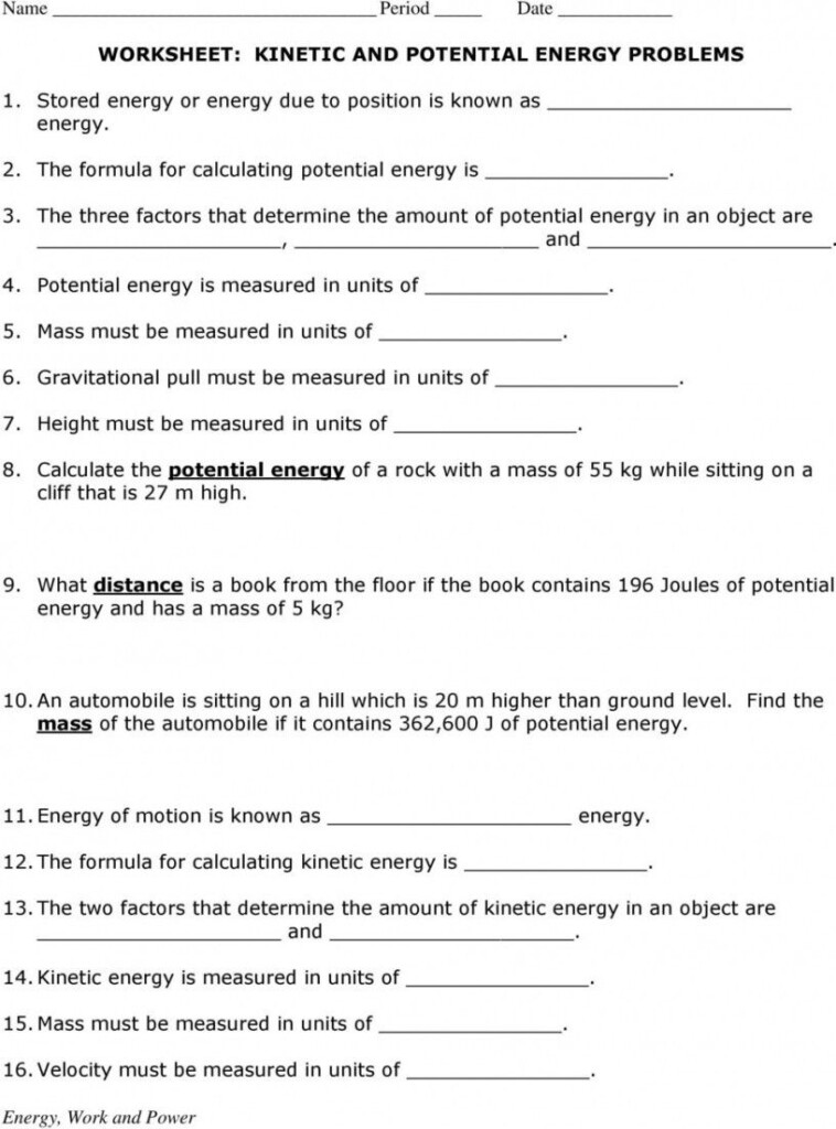 Kinetic And Potential Energy Problems Worksheet Answers