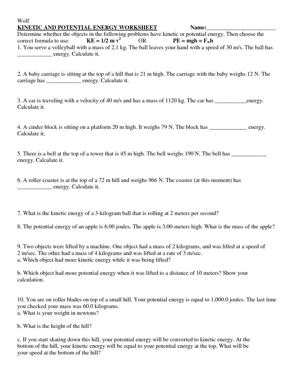 Kinetic And Potential Energy Problems Worksheet Answers Db excel
