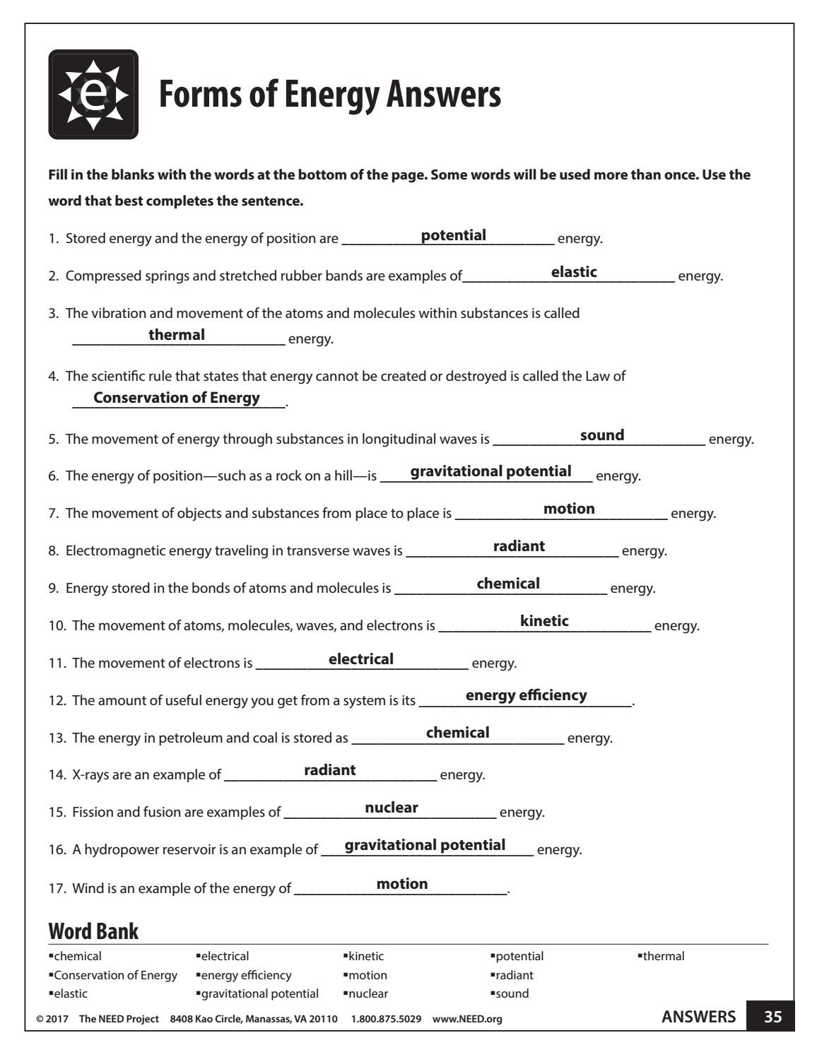 Kinetic And Potential Energy Worksheet Answer Key Db excel