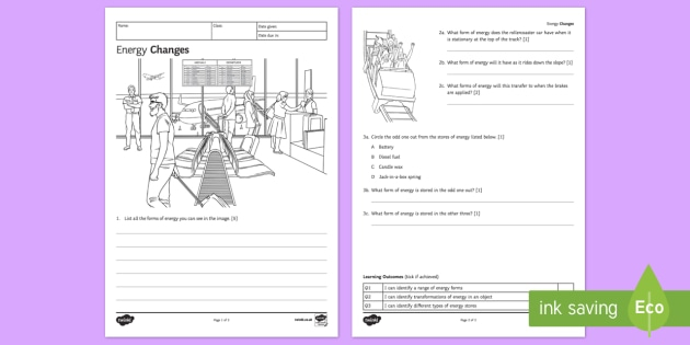 KS3 Energy Changes Homework Worksheet Activity Sheet