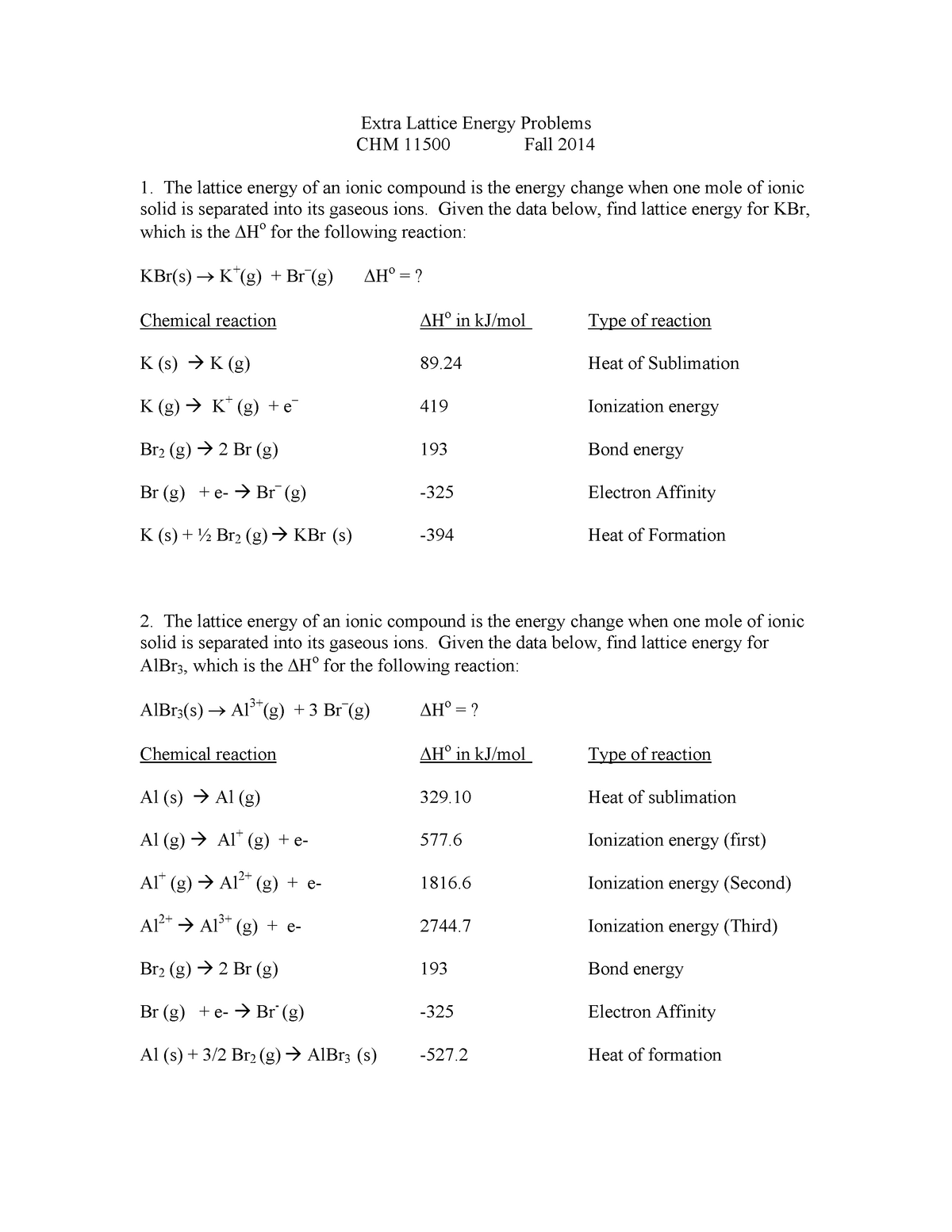 Lattice Energy Calculation Problems Fa2014 StuDocu