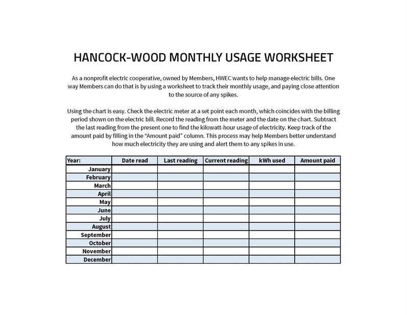 Monthly Energy Use Worksheet Hancock Wood Electric Cooperative