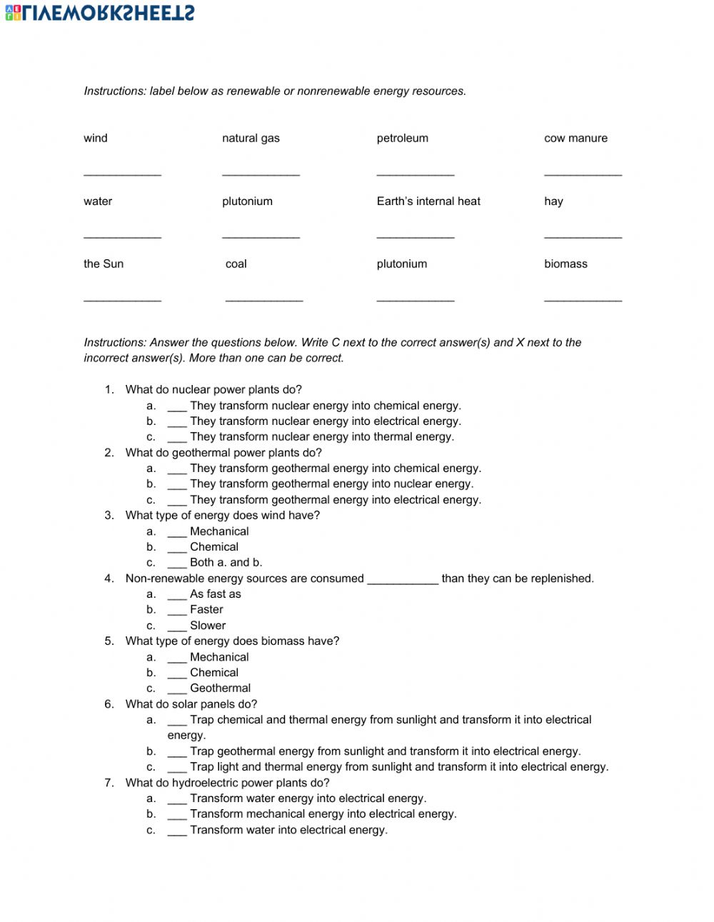 Energy Worksheet 5th Grade