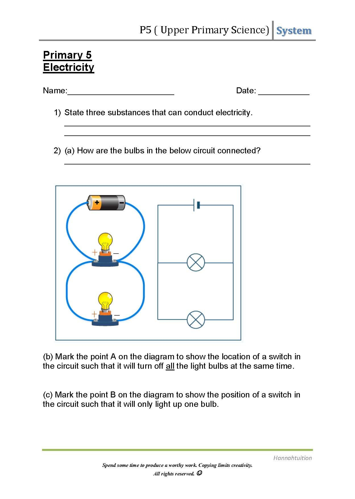 P5 Electricity Page 1 Electric Circuit Science Worksheets 4th Grade 