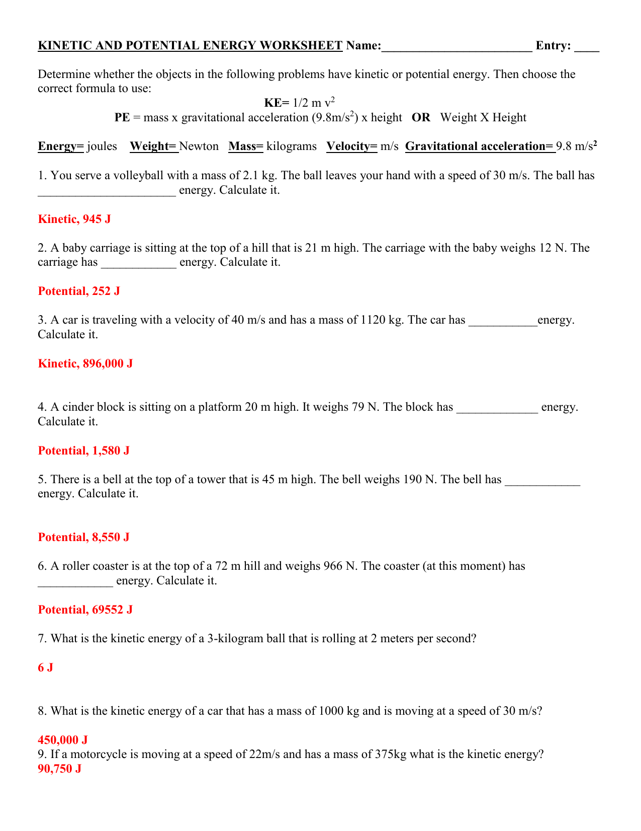 PE And KE Practice KEY 1 