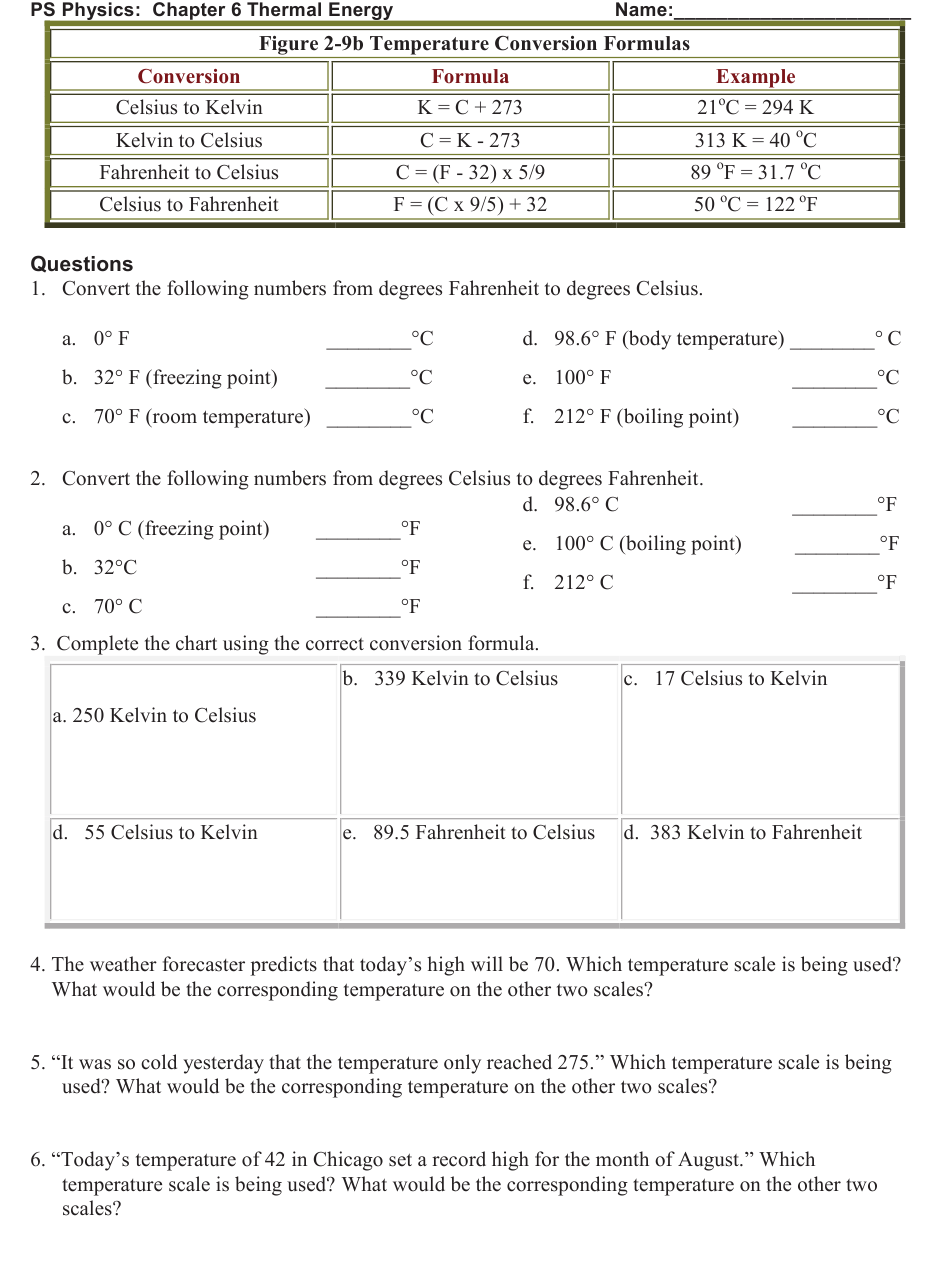 PS Physics Chapter 6 Thermal Energy Worksheet Jayne Heier Brookings 