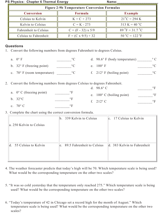 Ps Physics Chapter 6 Thermal Energy Worksheet Jayne Heier Brookings 