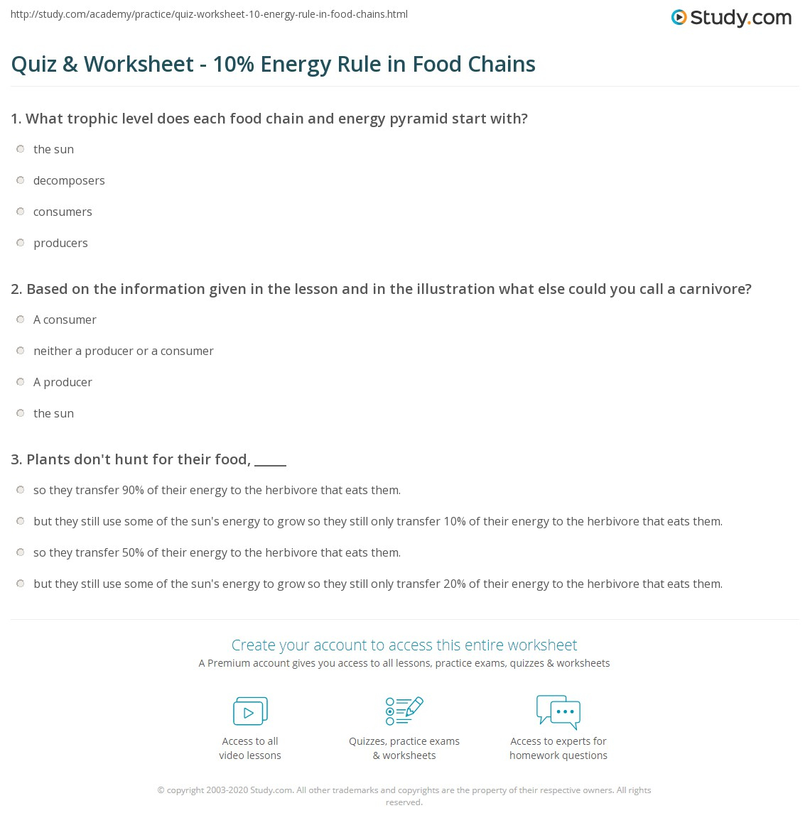 Quiz Worksheet 10 Energy Rule In Food Chains Study