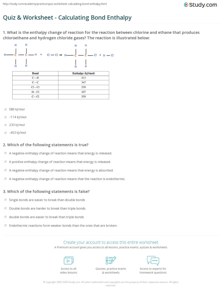 Quiz Worksheet Calculating Bond Enthalpy Study