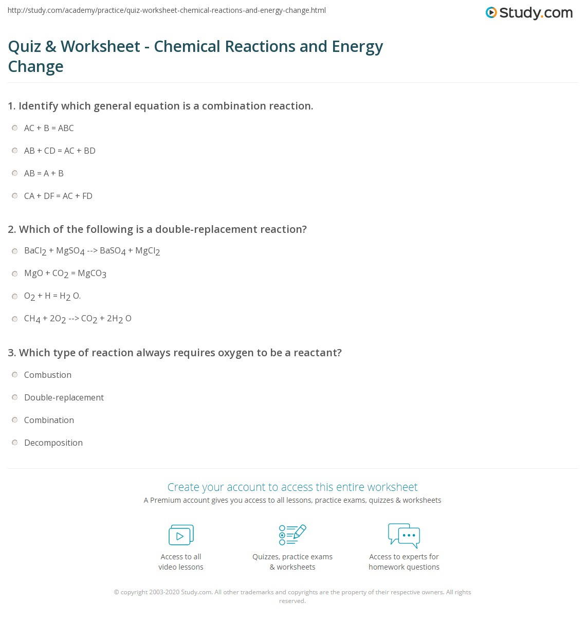 Quiz Worksheet Chemical Reactions And Energy Change Study