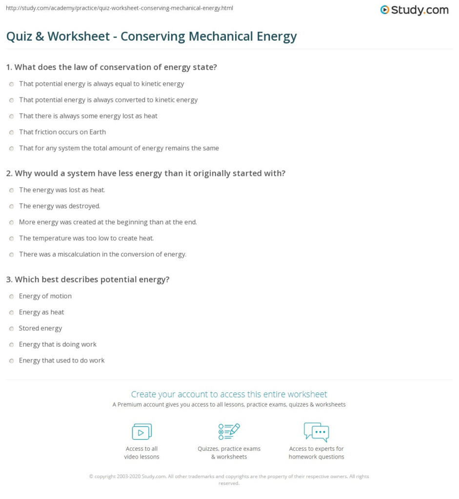 Quiz Worksheet Conserving Mechanical Energy Study